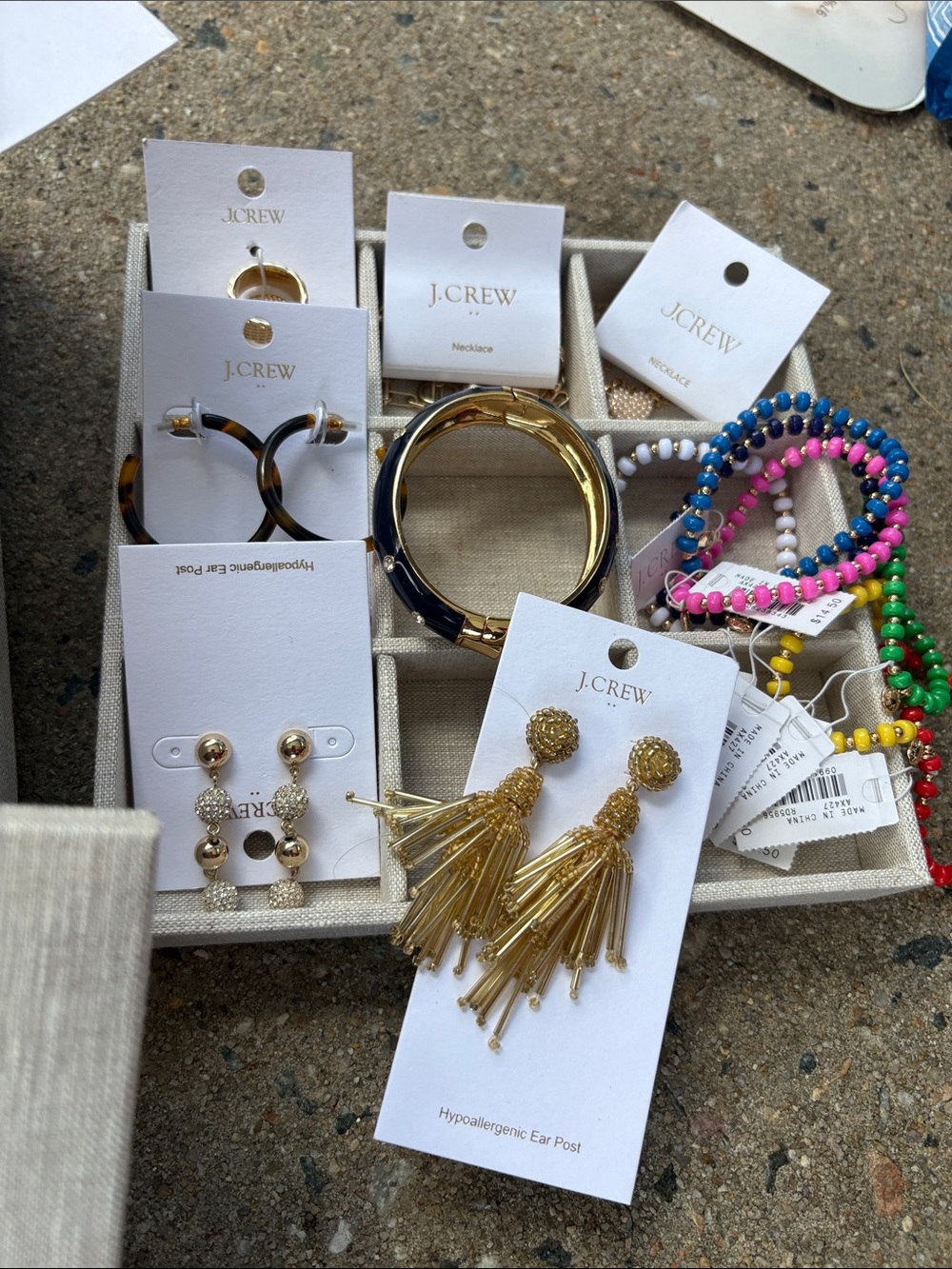 J. Crew Gold Tassel Earrings, Pearl Studs & Multicolor Beaded Bracelets Set - Picture 3 of 8